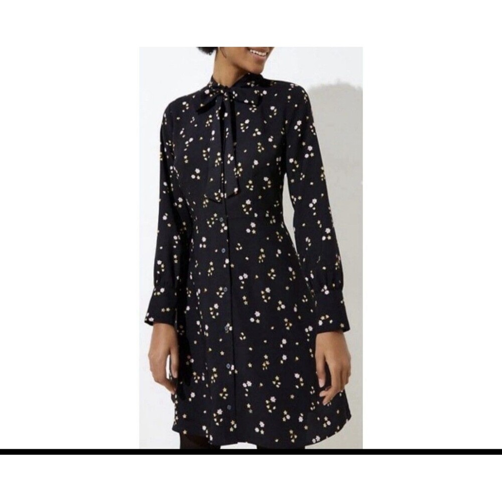 LOFT Floral Tie Neck Long Sleeve Flare Mini Black Dress Size 0 Button front